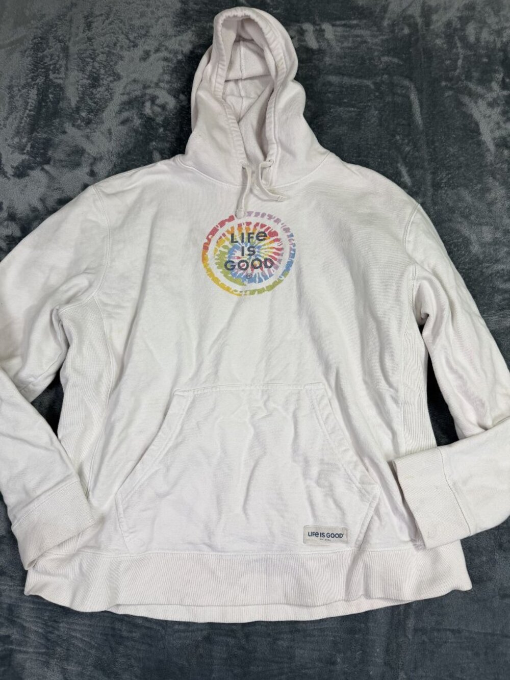 Life Is Good Mens White Hoodie XXL Tie-Dye Logo Pullover With Kangaroo Pocket